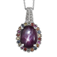 Indian Star Ruby and Multi Gemstone Floral Pendant Necklace 20 Inches in Platinum Over Sterling Silver 7.40 ctw