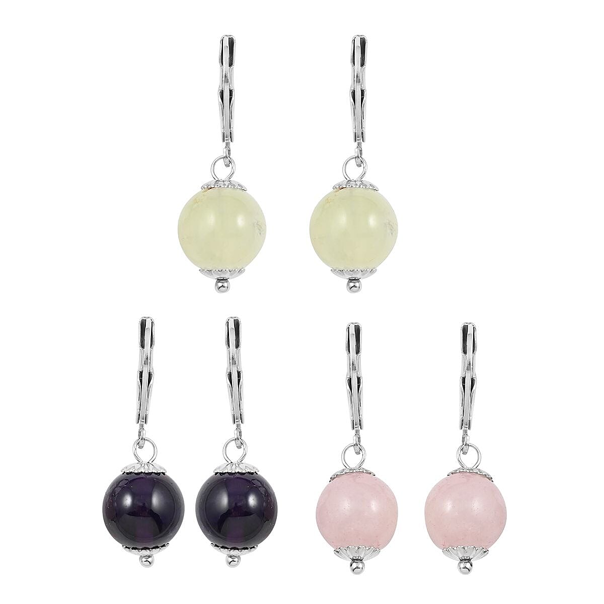 Amethyst, Prehnite and Galilea Rose Quartz Set of 3 Earrings in Stainless Steel 18.00 ctw