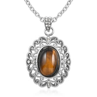 Yellow Tiger's Eye and Simulated Diamond Pendant Necklace 18-20 Inches in Stainless Steel 5.25 ctw