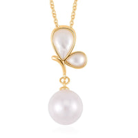 White Edison Pearl and White Mother of Pearl Pendant Necklace 20 Inches in Goldtone