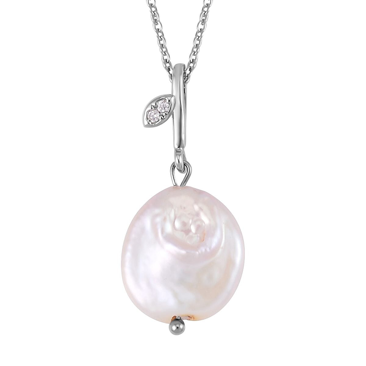 Coin Freshwater Pearl and Simulated Diamond Pendant Necklace in Silvertone 20 Inches