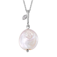 Coin Freshwater Pearl and Simulated Diamond Pendant Necklace in Silvertone 20 Inches