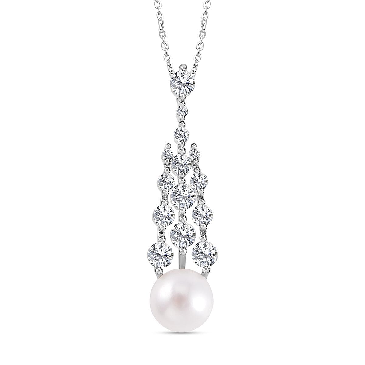 White Freshwater Pearl and Simulated Diamond 1.00 ctw Pendant Necklace in Silvertone 20 Inches