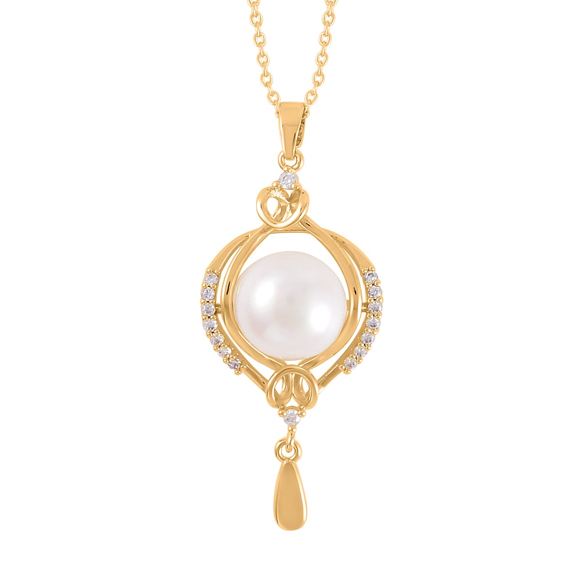 White Freshwater Pearl and Simulated Diamond Drop Pendant Necklace 0.20 ctw