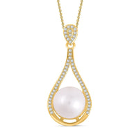 White Freshwater Pearl and Simulated Diamond Drop Pendant Necklace 20 Inches in Goldtone 0.20 ctw