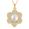 White Freshwater Pearl and Simulated Diamond Floral Pendant Necklace 20 Inches in Goldtone 0.20 ctw - Sticky add to cart bar