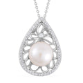 White Freshwater Pearl and Simulated Diamond Drop Pendant Necklace 20 Inches in Silvertone 0.30 ctw - Sticky add to cart bar