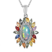 TLV Premium Ethiopian Welo Opal, Multi Gemstone Floral Pendant Necklace (20 Inches) in Platinum Over Sterling Silver 2.90 ctw