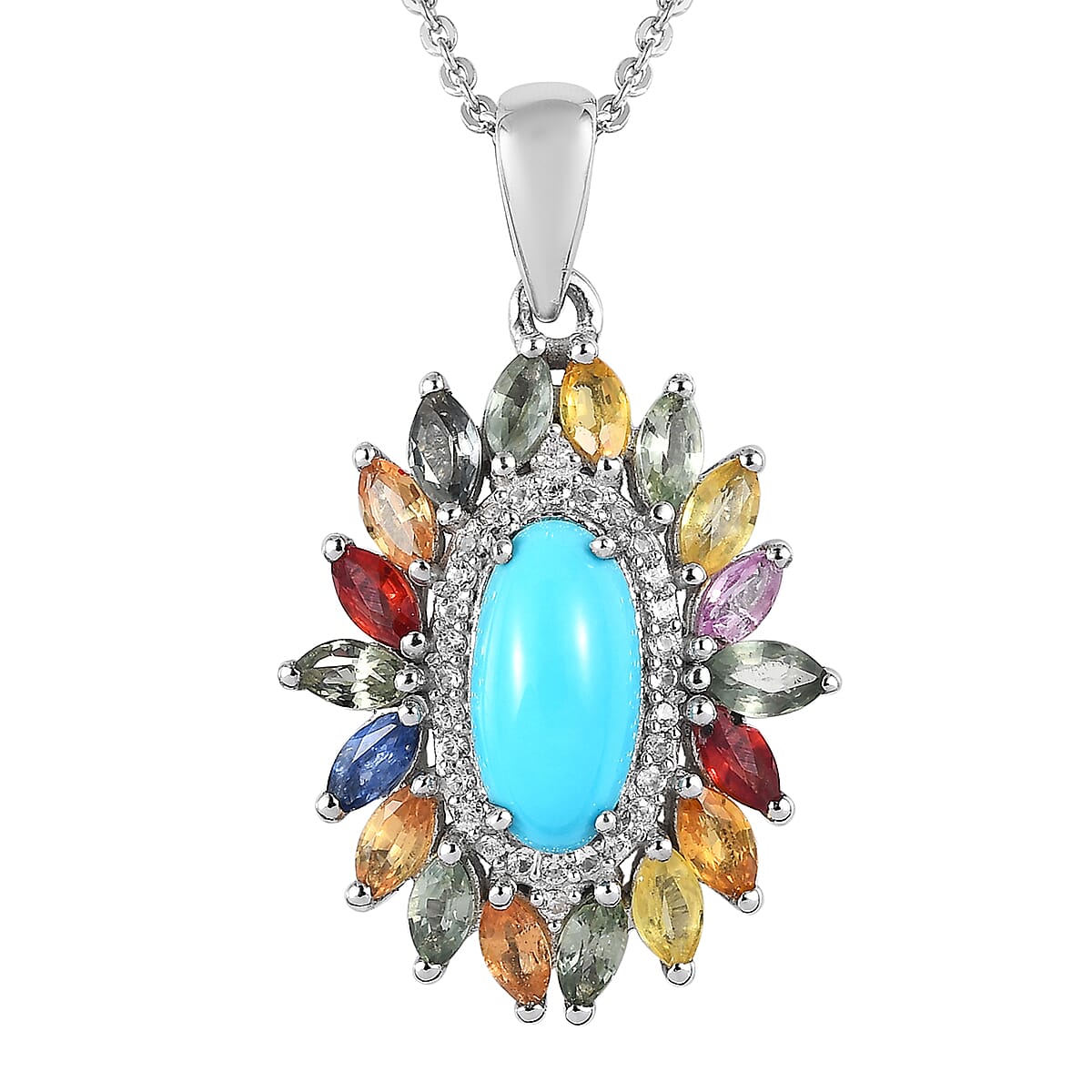 Premium Sleeping Beauty Turquoise and Multi Gemstone Floral Pendant Necklace 20 Inches in Platinum Over Sterling Silver 3.15 ctw
