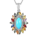 Premium Sleeping Beauty Turquoise and Multi Gemstone Floral Pendant Necklace 20 Inches in Platinum Over Sterling Silver 3.15 ctw - Sticky add to cart bar