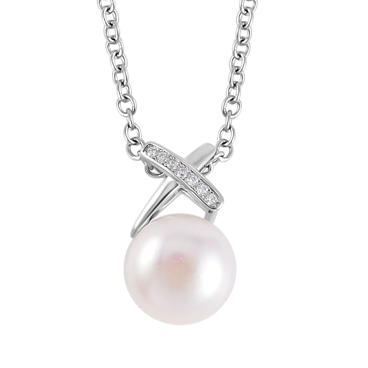 White Freshwater Cultured Pearl and Simulated Diamond Pendant Necklace 20 Inches in Rhodium Over Sterling Silver 0.07 ctw