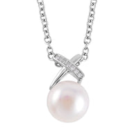 White Freshwater Cultured Pearl and Simulated Diamond Pendant Necklace 20 Inches in Rhodium Over Sterling Silver 0.07 ctw
