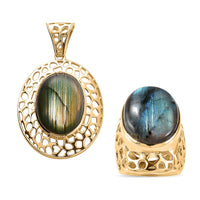Karis Malagasy Labradorite Solitaire Ring and Pendant in 18K YG Plated 51.50 ctw