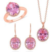 TLV Simulated Pink and White Diamond Earrings, Halo Ring (Size 10.0) and Pendant Necklace (20-22 Inches) in Rosetone