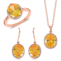 TLV Simulated Pink and White Diamond Earrings, Halo Ring (Size 10.0) and Pendant Necklace (20-22 Inches) in Rosetone