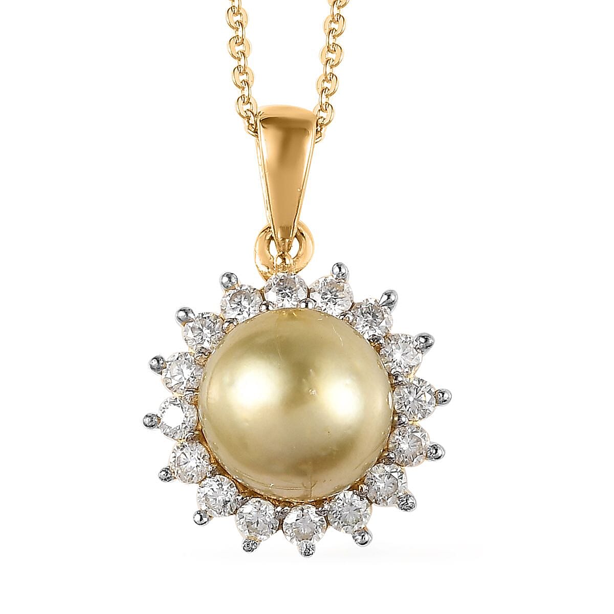South Sea Golden Pearl and Moissanite Sunburst Pendant Necklace 20 Inches in Vermeil Yellow Gold Over Sterling Silver 0.50 ctw
