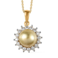 South Sea Golden Pearl and Moissanite Sunburst Pendant Necklace 20 Inches in Vermeil Yellow Gold Over Sterling Silver 0.50 ctw