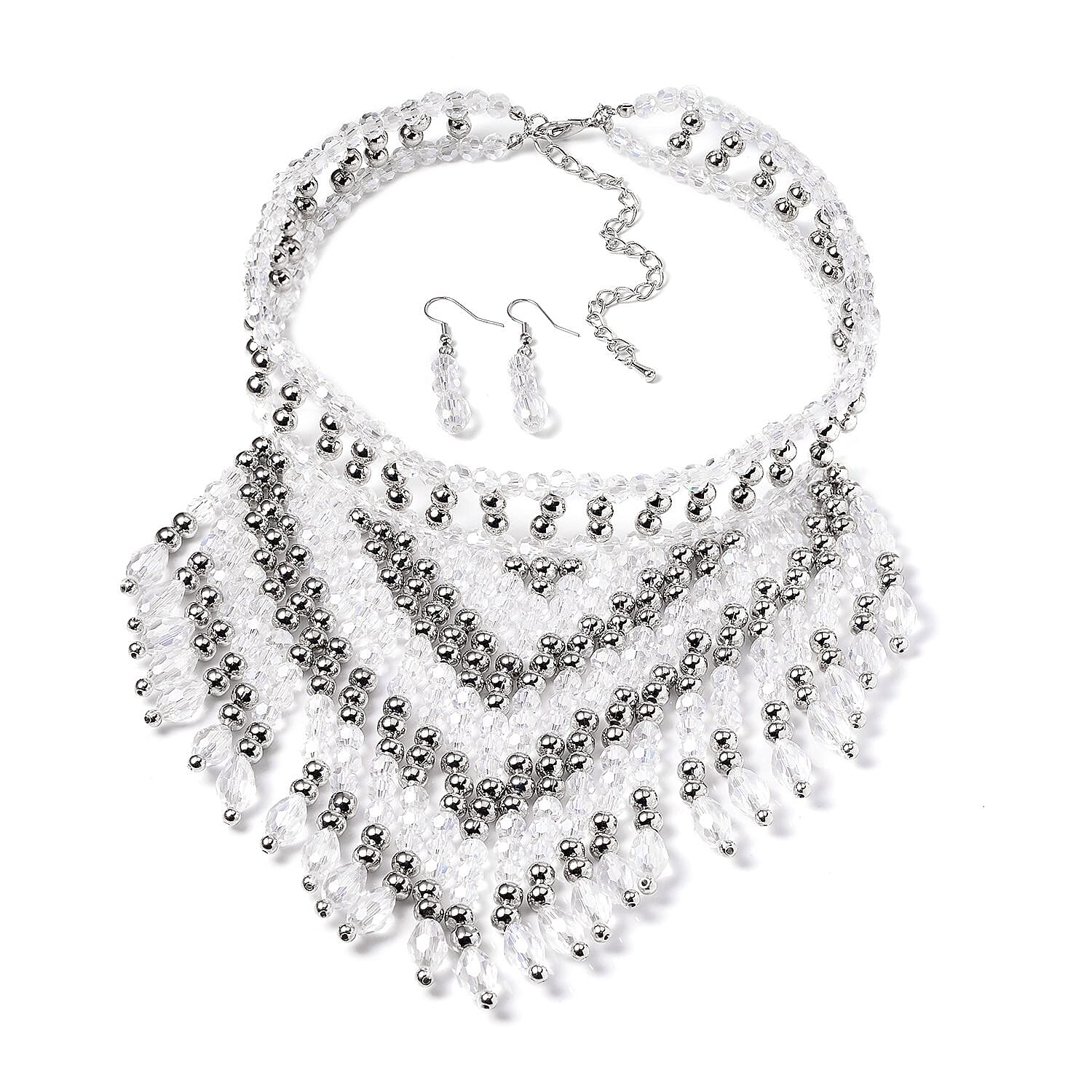 Sapphire Blue Glass, Resin Waterfall Necklace 16-20 Inches and Earrings in Silvertone & Stainless Steel