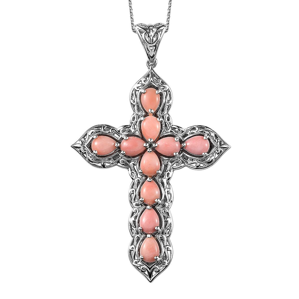 Oregon Peach Opal Cross Pendant Necklace 20 Inches in Platinum Over Sterling Silver 5.20 ctw