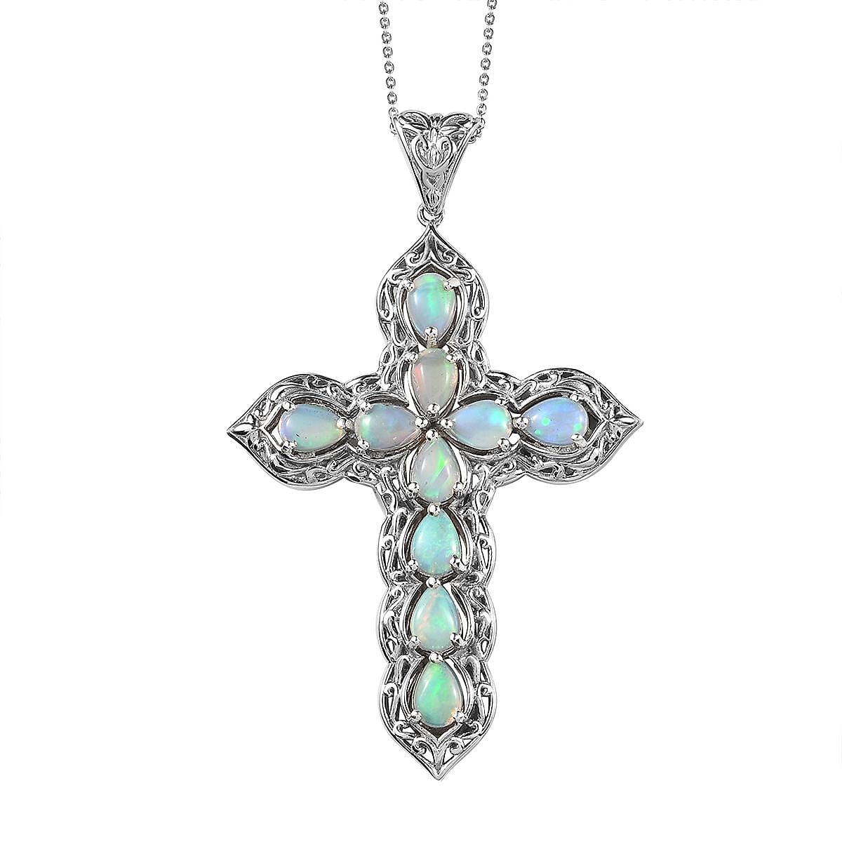 Ethiopian Welo Opal Cross Pendant Necklace (20 Inches) in Platinum Over Sterling Silver 5.00 ctw