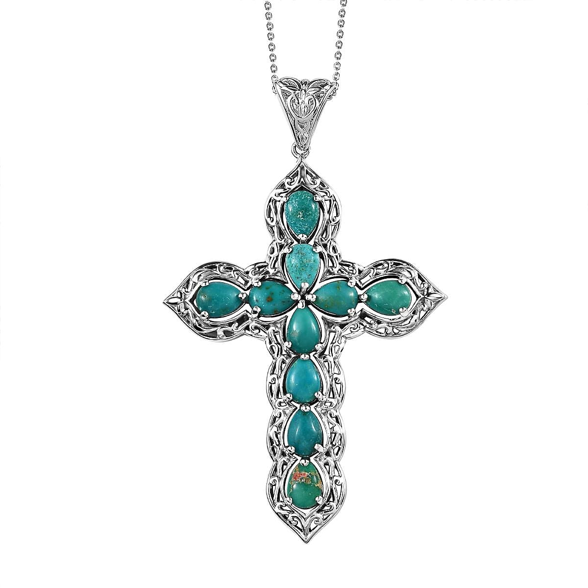 Nevada Turquoise Cross Pendant Necklace 20 Inches in Platinum Over Sterling Silver 6.50 ctw