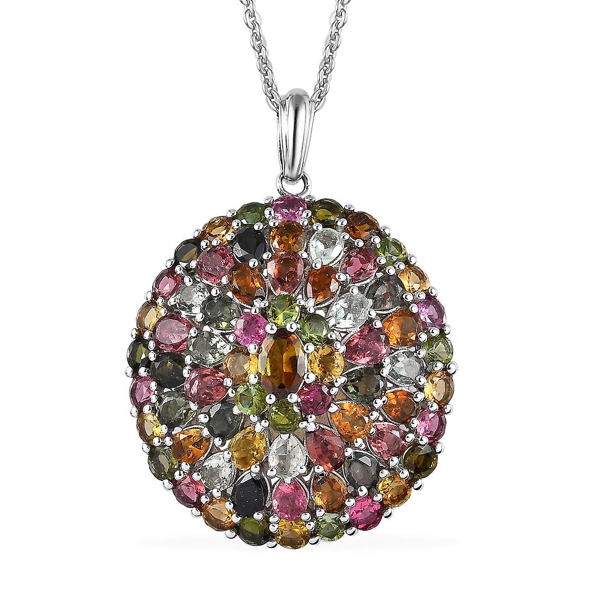 Multi-Tourmaline Floral Spray Pendant Necklace 20 Inches in Platinum Over Sterling Silver 9.35 ctw