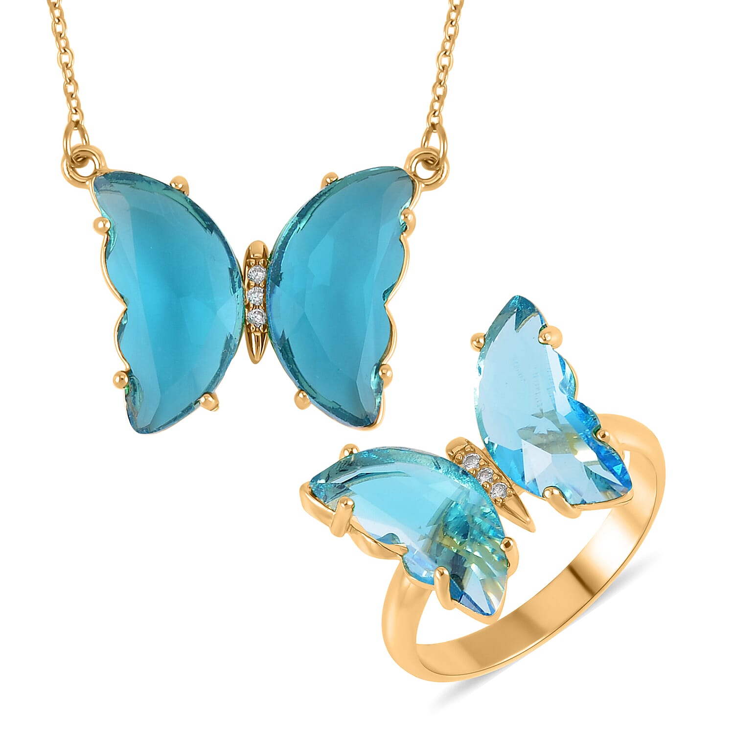 Simulated Sky Blue Topaz, Simulated Diamond Butterfly Ring (Size 6.0) and Necklace (20-22 Inches) in Goldtone
