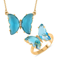 Simulated Sky Blue Topaz, Simulated Diamond Butterfly Ring (Size 6.0) and Necklace (20-22 Inches) in Goldtone