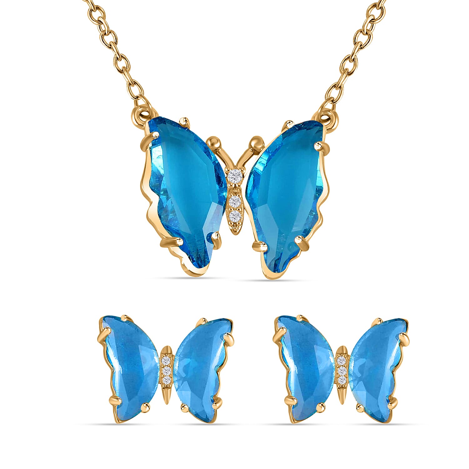 Simulated Sky Blue Topaz, Simulated Diamond Butterfly Earrings and Necklace (20-22 Inches) in Goldtone