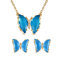 Simulated Sky Blue Topaz, Simulated Diamond Butterfly Earrings and Necklace (20-22 Inches) in Goldtone