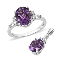 Premium Uruguayan Amethyst, White Zircon Ring and Pendant in Platinum Over Sterling Silver 3.75 ctw