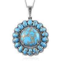 Mojave Blue Turquoise Halo Pendant Necklace 20 Inches in Stainless Steel 33.60 ctw