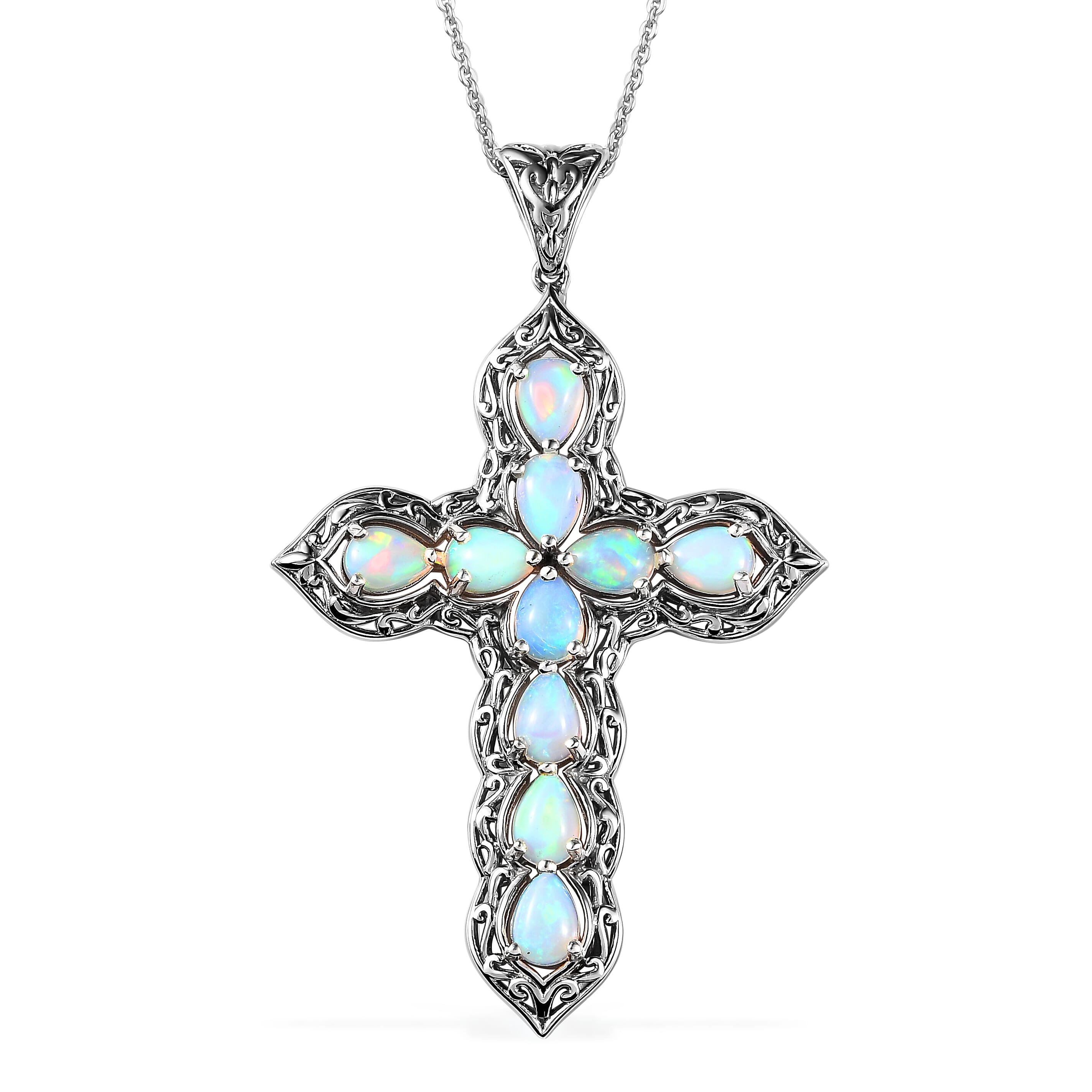 Ethiopian Welo Opal Cross Pendant Necklace 20 Inches in Platinum Over Sterling Silver 4.50 ctw