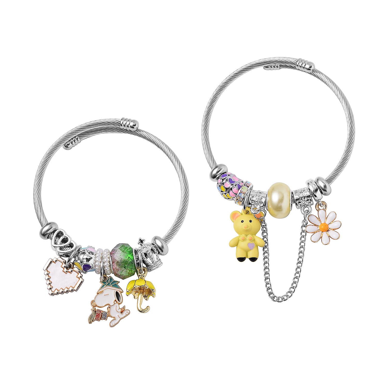 Set of 2 Resin, Mystic White Austrian Crystal, Simulated Pearl Charm Bracelet in Silvertone & Goldtone (6.5-7.0In)