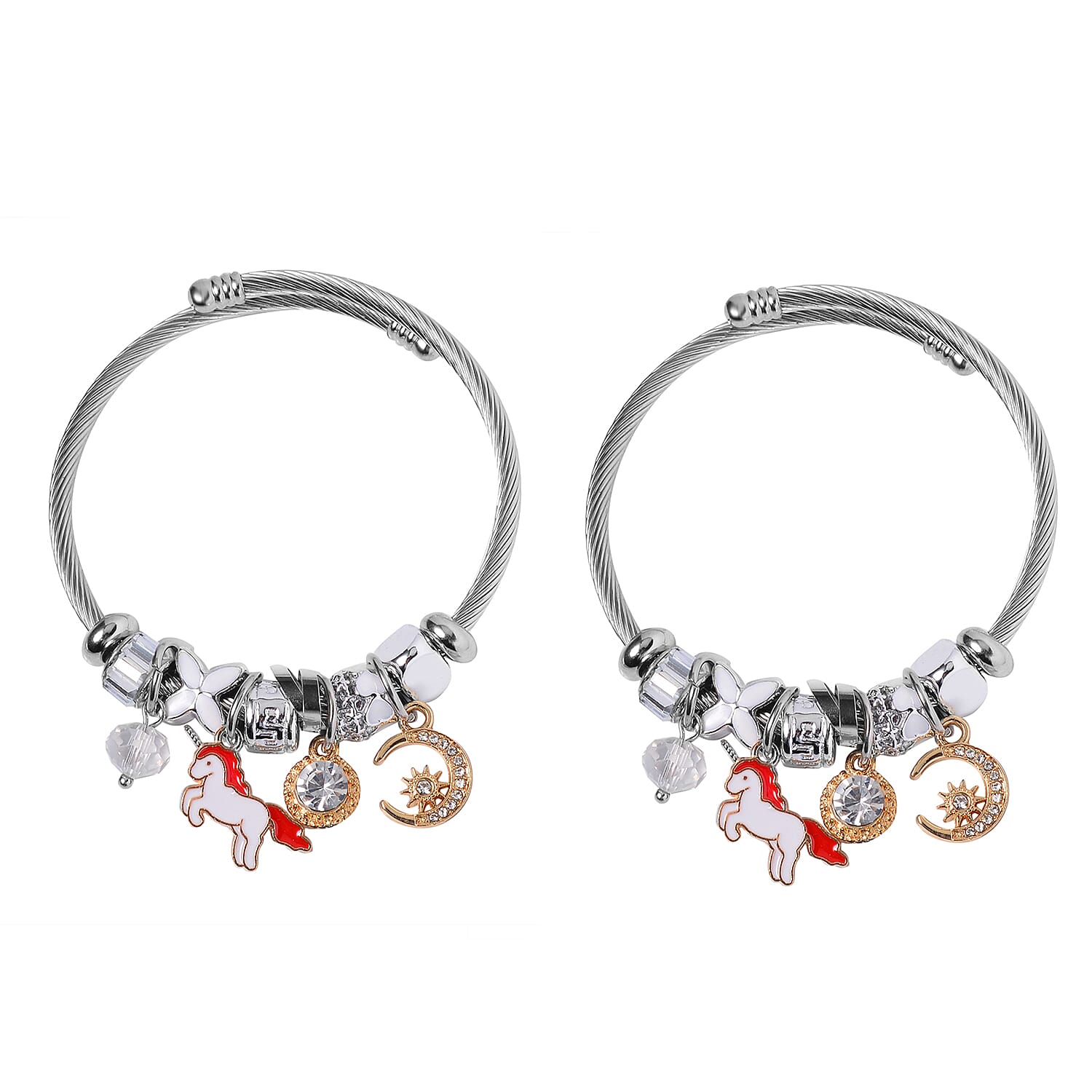 Set of 2 Resin, Pink Glass, Pink and White Austrian Crystal Charm Bracelet in Silvertone & Goldtone (6.5-7.0In)
