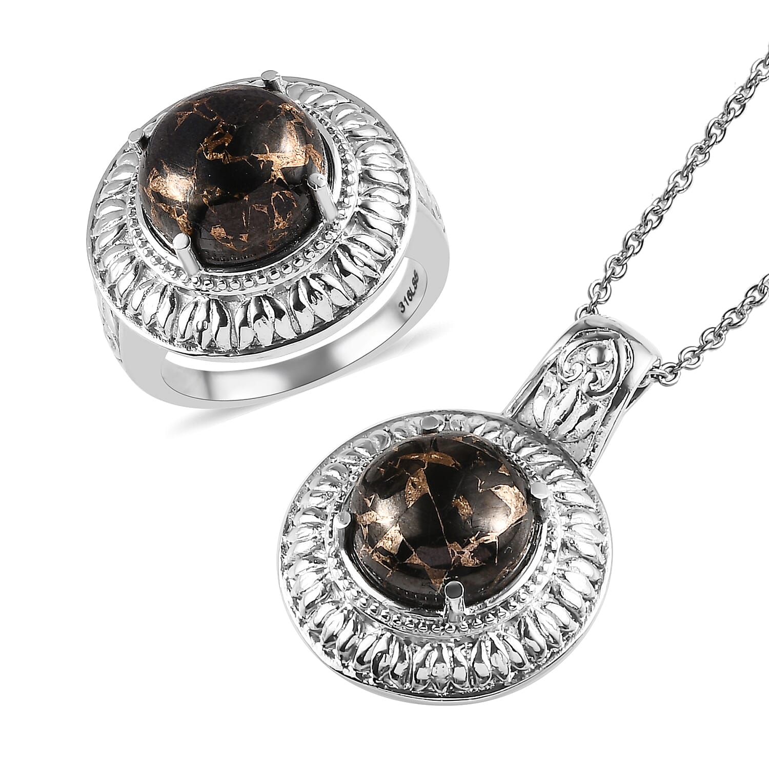 Matrix Silver Shungite Solitaire Ring Size 5 and Pendant Necklace 20 Inches in Stainless Steel 9.85 ctw