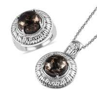 Matrix Silver Shungite Solitaire Ring Size 5 and Pendant Necklace 20 Inches in Stainless Steel 9.85 ctw