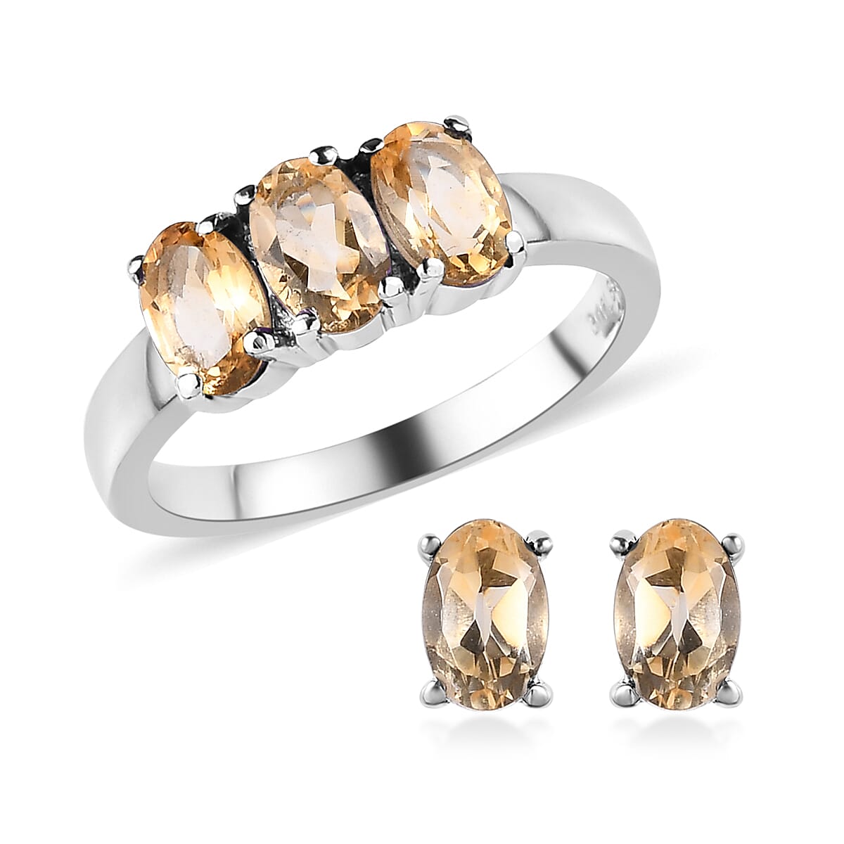 Amethyst 3 Stone Ring and Solitaire Stud Earrings in Stainless Steel 2.20 ctw