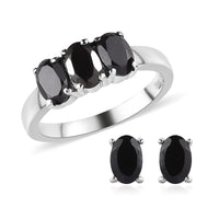 Amethyst 3 Stone Ring and Solitaire Stud Earrings in Stainless Steel 2.20 ctw