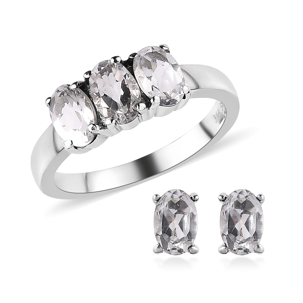 Amethyst 3 Stone Ring and Solitaire Stud Earrings in Stainless Steel 2.20 ctw