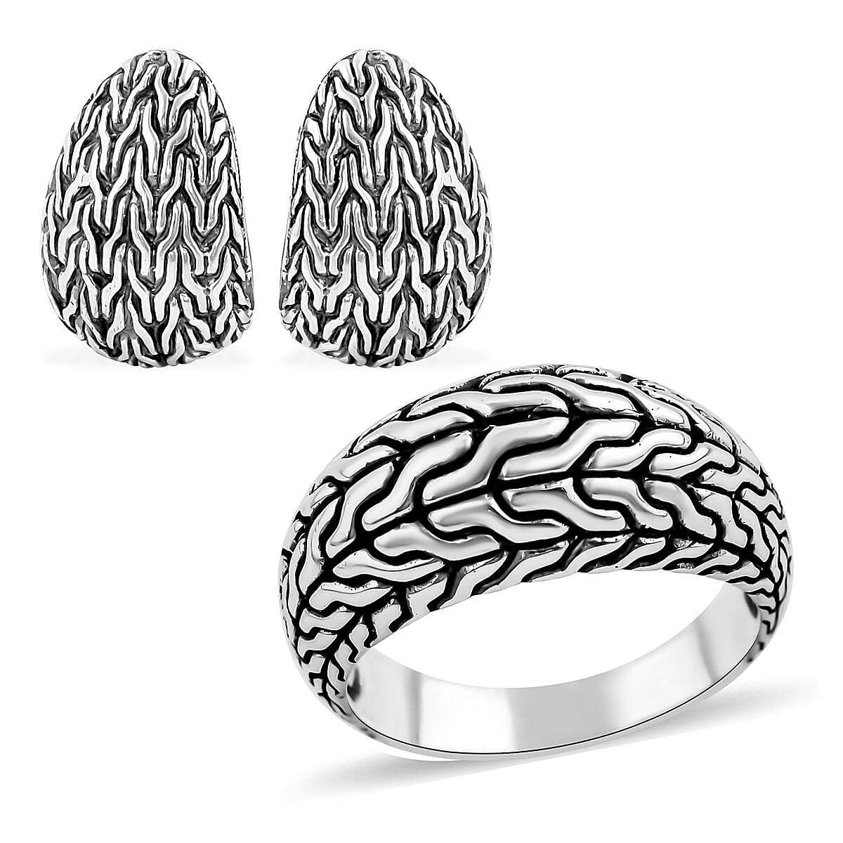 TLV Bali Legacy Sterling Silver Tulang Naga Texture Ring (Size 11) and Earrings (24.40 g)