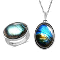 Malagasy Labradorite Solitaire Ring Size 5 and Pendant Necklace 20 Inches in Stainless Steel 30.85 ctw - Sticky add to cart bar