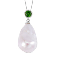 White Baroque Pearl and Chrome Diopside Pendant 28.08 ctw Necklace in Rhodium Over Sterling Silver 18 Inches