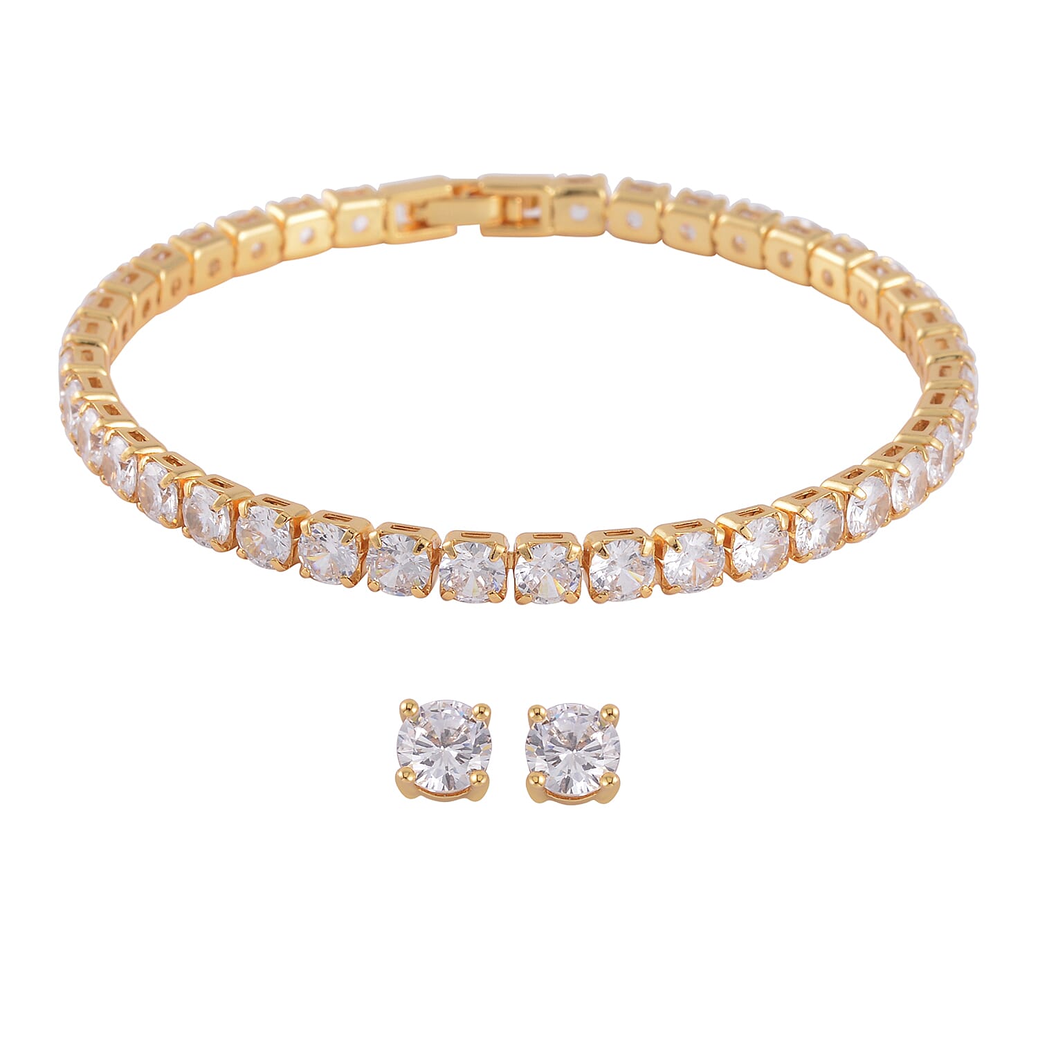 Simulated Diamond Stud Earrings and Tennis Bracelet (7.00 In) in Goldtone 27.90 ctw
