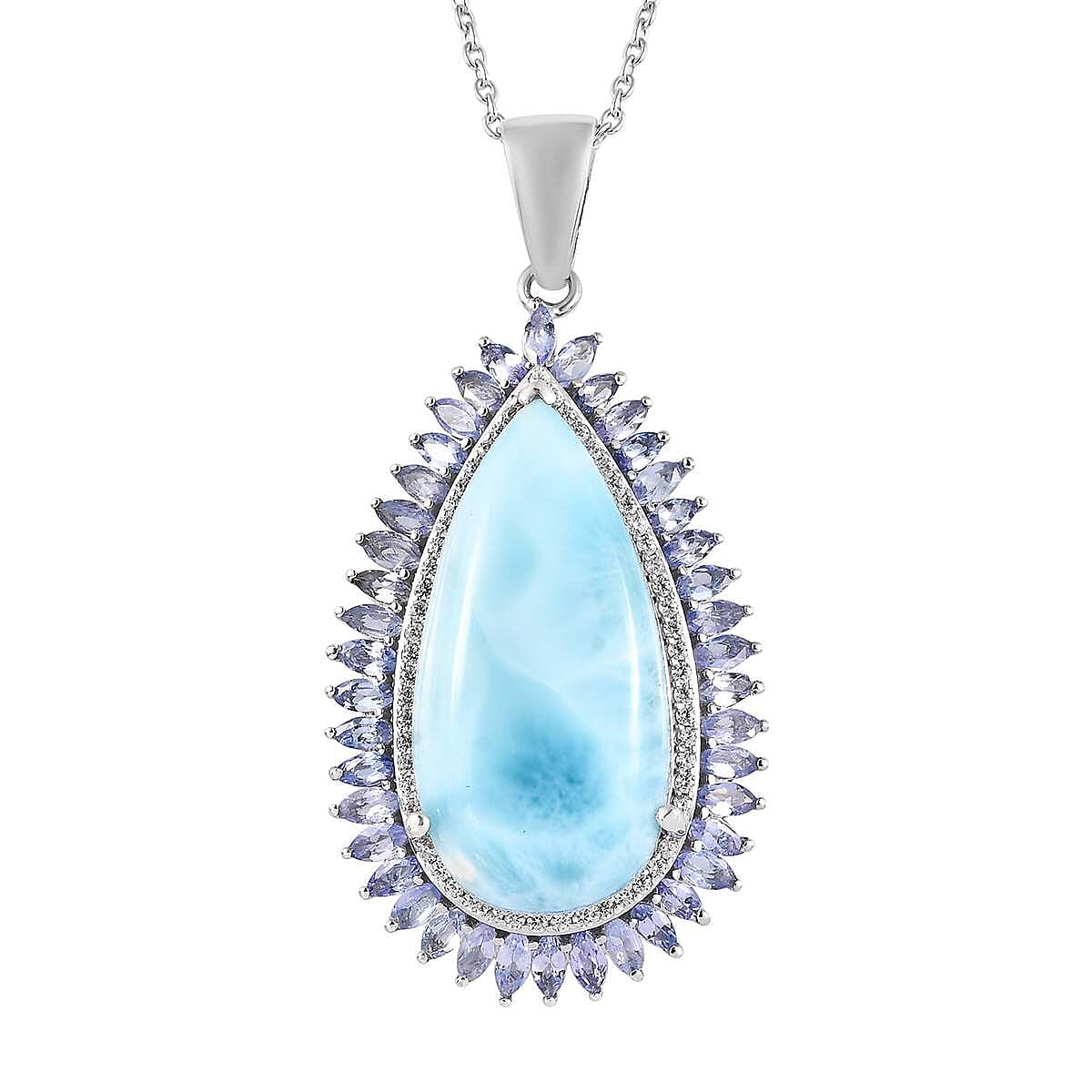 Larimar and Multi Gemstone Double Halo Pendant Necklace 20 Inches in Platinum Over Sterling Silver 31.35 ctw