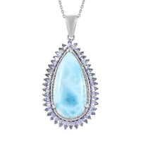 Larimar and Multi Gemstone Double Halo Pendant Necklace 20 Inches in Platinum Over Sterling Silver 31.35 ctw