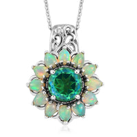 Peacock Quartz and Ethiopian Welo Opal Flower Pendant Necklace 20 Inches in Platinum Over Sterling Silver 3.35 ctw