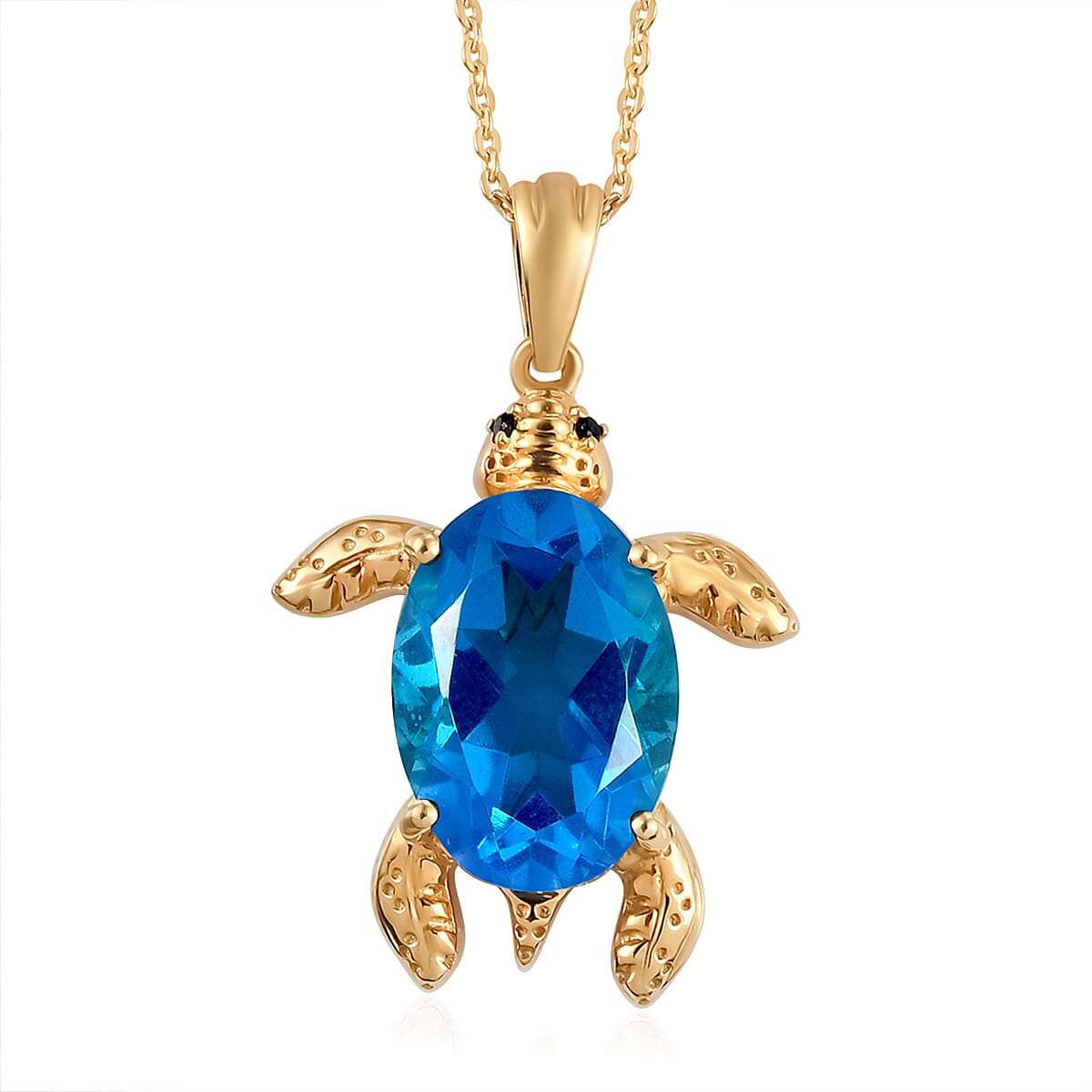 Caribbean Quartz (Triplet) and Thai Black Spinel Turtle Pendant Necklace 20 Inches in Vermeil Yellow Gold Over Sterling Silver 6.00 ctw
