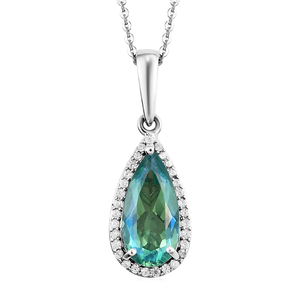 Peacock Quartz (Triplet) and Natural White Zircon Halo Pendant Necklace 20 Inches in Platinum Over Sterling Silver 3.40 ctw