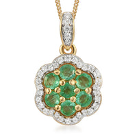 Boyaca Colombian Emerald and Natural White Zircon Floral Pendant Necklace 20 Inches in Vermeil Yellow Gold and Platinum Over Sterling Silver 1.10 ctw